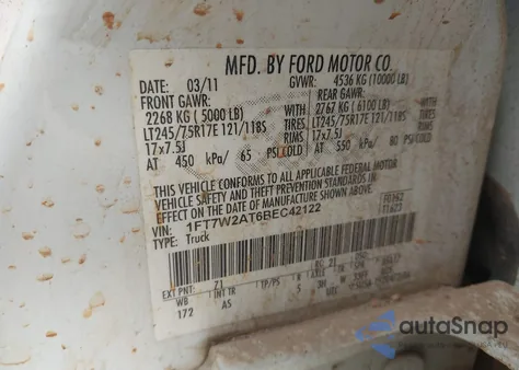 2011 Ford F-250 Xl из США, поврежденный, VIN 1FT7W2AT6BEC42122